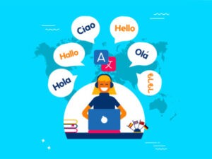 Chica con el ordenador con bocadillos en diferentes idiomas a su alrededor.