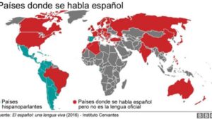 Mapa: en azul aparecen los países hispanohablantes y en rojo, los países donde se habla español, pero no es un idioma oficial.