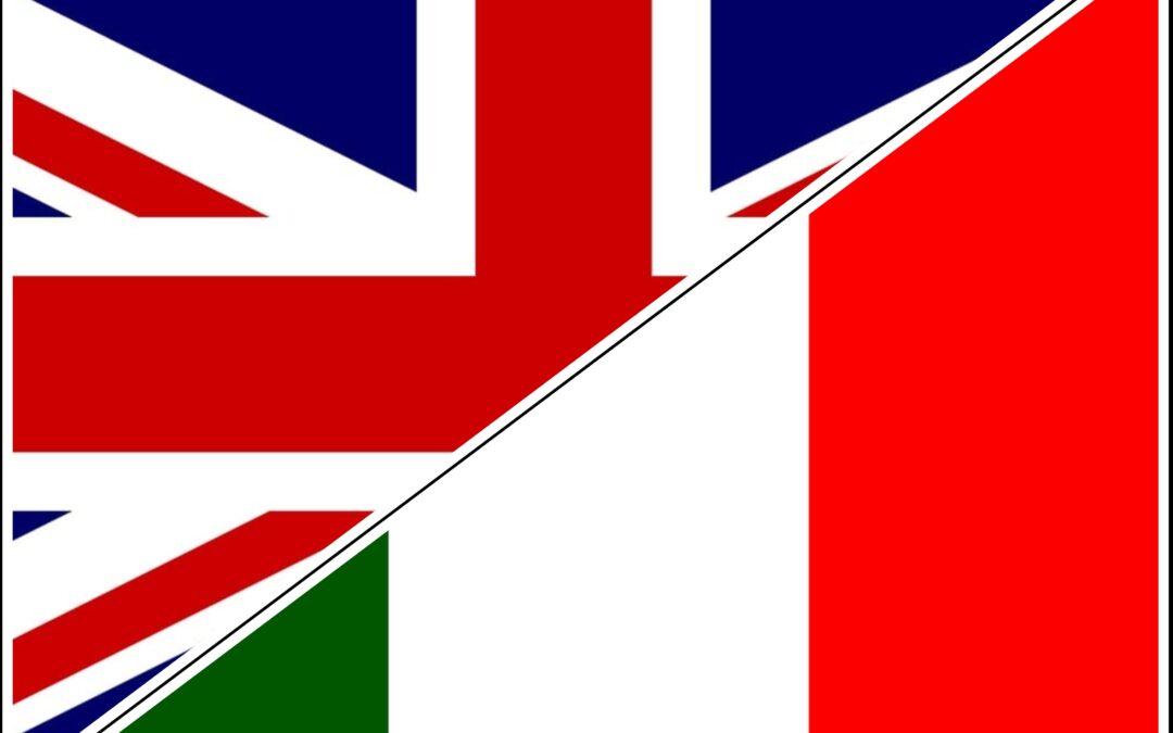 Banderas de Reino Unido e Italia. Traducciones de inglés a italiano